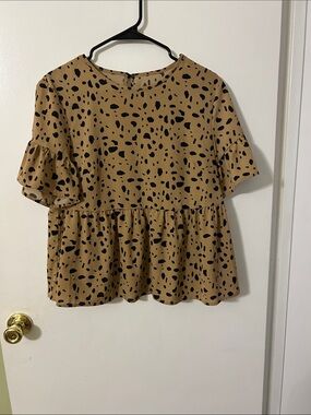 Women's Tan Peplum Blouse with Black Spot Print